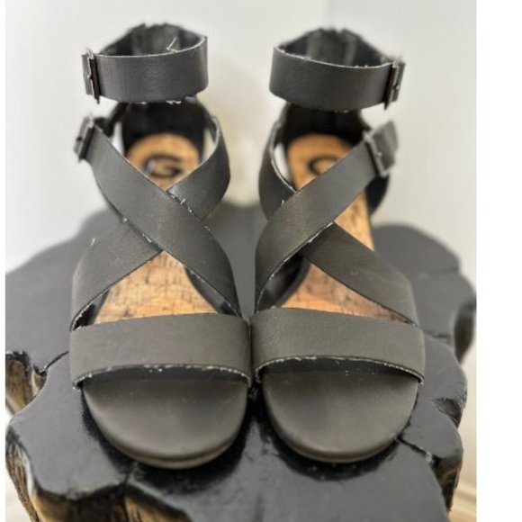 Guess Womens Leather Cork Heel Sandal Buckle Strap Open Toe Size 7US Black - Picture 1 of 4